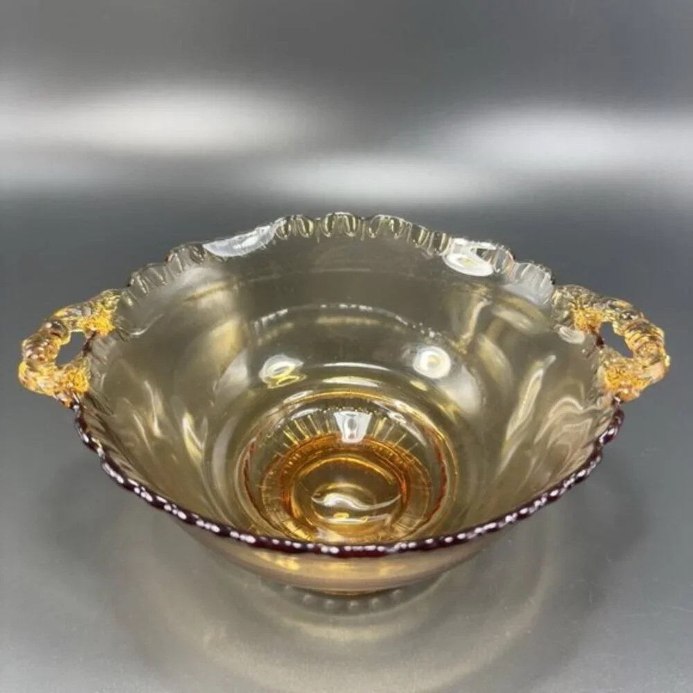Vintage Gadroon Edges Amber Glass Footed Dish Bowl Container With Handles VTG‎